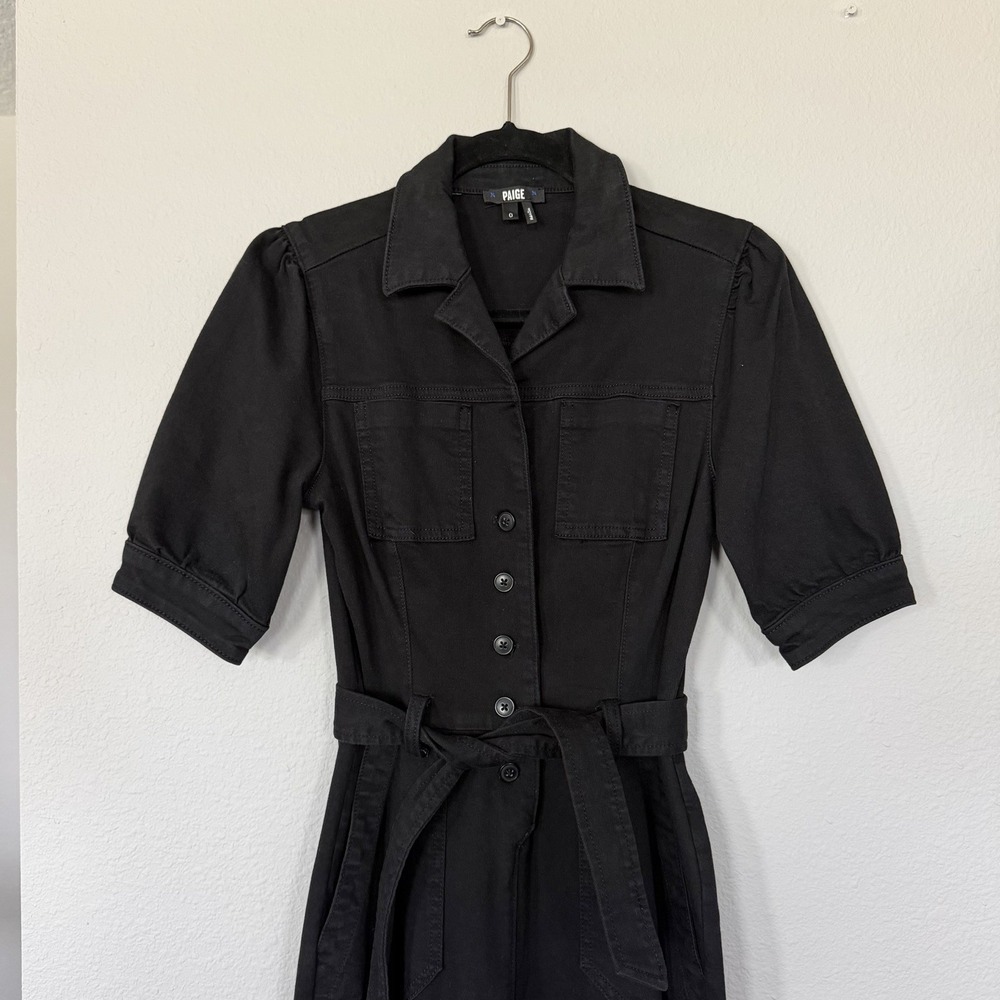 PAIGE Womens Black Denim Short Sleeve Button Front Belted Utility Jumpsuit Sz 0